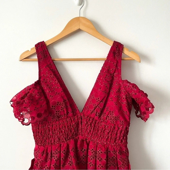 Self Portrait Openwork Lace Eyelet V Neck Dress Red Sz S - Picture 6 of 11